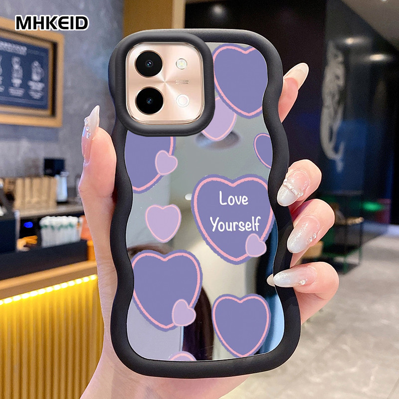 MHKEID Casing Untuk VIVO Y28 2024 Case Casing Pola Cinta Kesing HP Kasing Macaron Cesing Mirror Sili