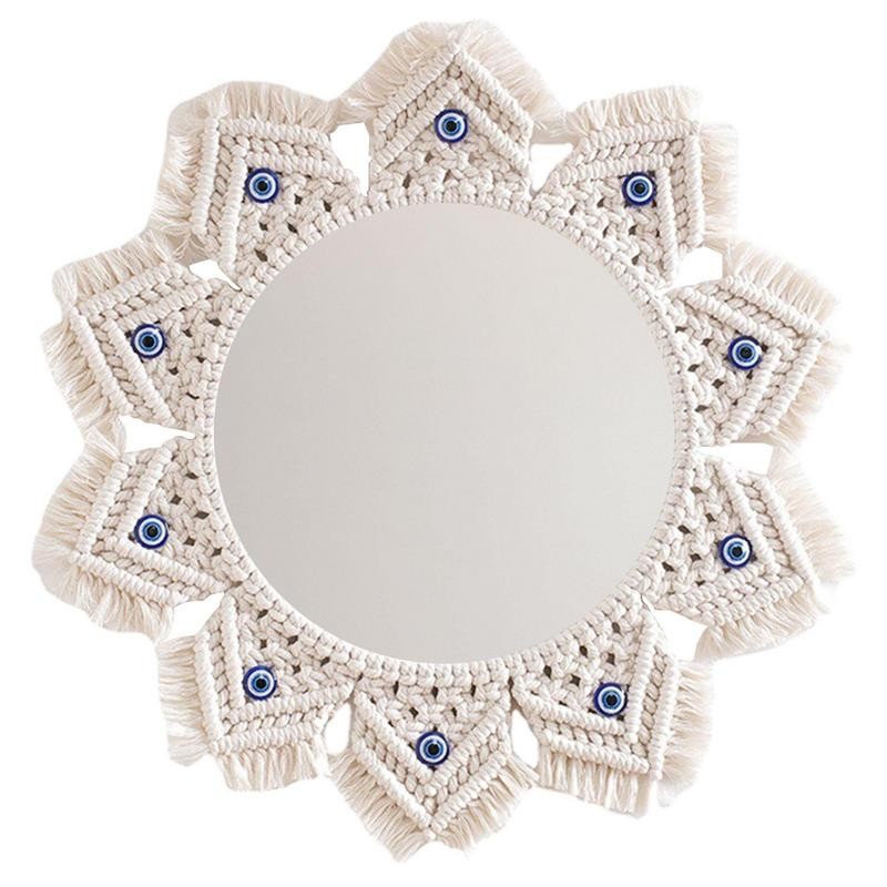 Boho Macrame Wall Mirror Wall-Mounted Macrame Mirrors Woven Tapestry Bathroom Mirror Ornament For Li