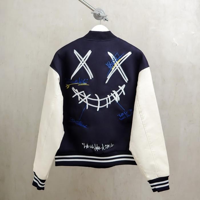 Jaket RIC RICKY IS CLOWN X WHITE STENCIL BLUE HALF NAVY VARSITY JACKET 100% ORIGINAL