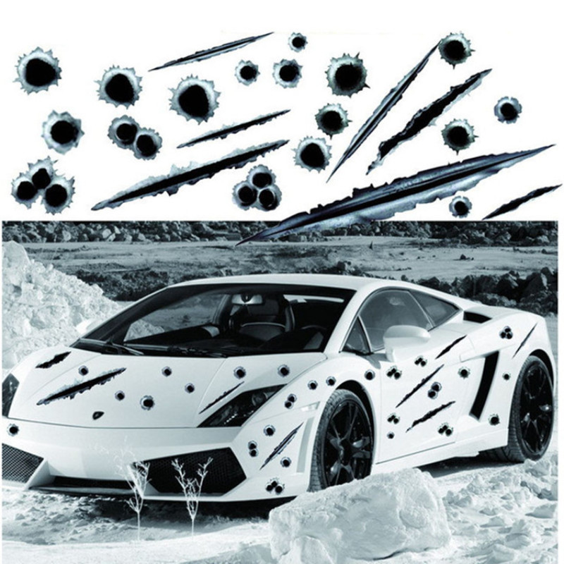 20cm Car Styling 3D Fake Bullet Hole Gun Shots Funny Stickers on Motorcycle Exterior Parts PVC Cover