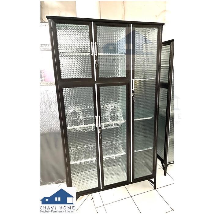 HariPromo- Rak Piring Aluminium Lemari Piring Rak Dapur Kaca Es 3 Pintu