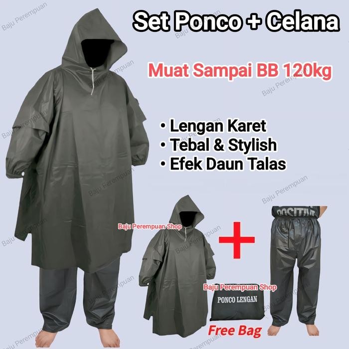 Setelan Jas Hujan Ponco Lengan+Celana Bahan Mirip Axio Tebal/Mantel Mantol Ujan Raincoat Poncho