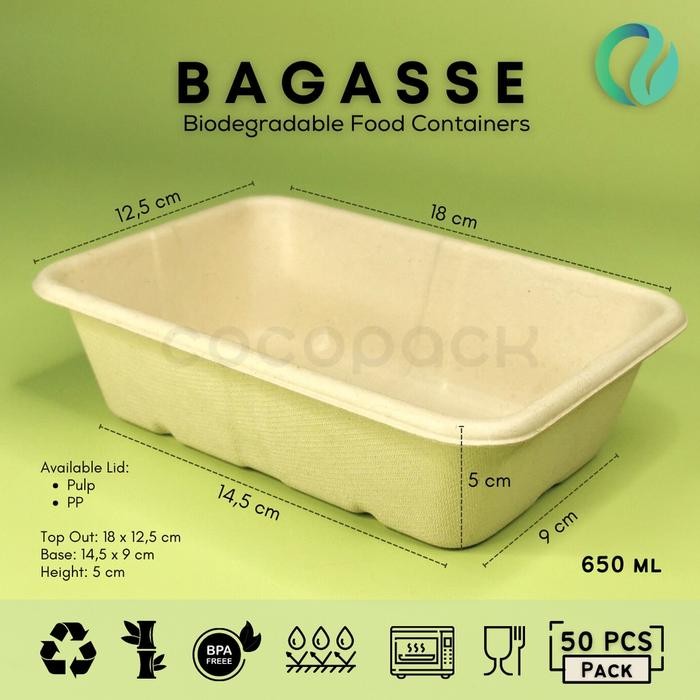 

25 PCS Bagasse Rectangle 650ml + Lid