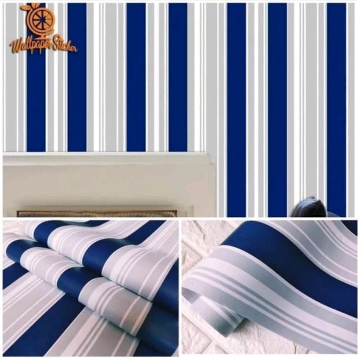 Wallpaper Dinding Kamar Tidur Motif Garis Garis Warna Biru Dongker