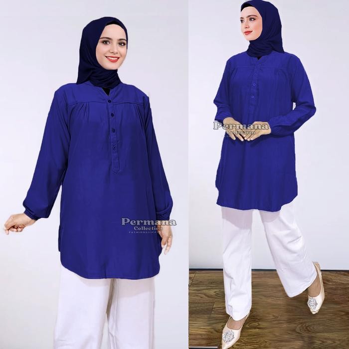 Baju Atasan Blouse Biru Wanita Kemeja Lengan Panjang Jumbo Dewasa Muslim Nyaman Formal Oversize
