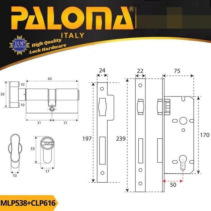 Paloma Mortise Lock Set Cylinder Mlp 538 Clp 616 Knob Kunci Body Pelor