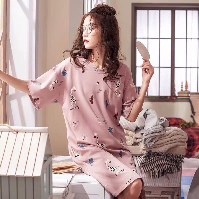 MURAH JIBJIB Baju Tidur Daster Piyama Wanita Kaos Selutut Lengan Pendek Perempuan Dewasa Remaja