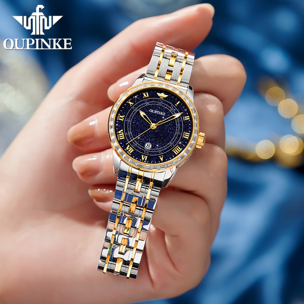 OUPINKE 3203 Elegant Women's Watch Starry Luminous Dial Automatic Mechanical Watch Women's Set Gift