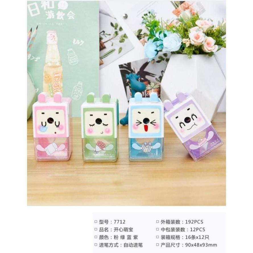 

7712 Serutan Putar Kotak Motif Cute (pcs) Stationery Hijau Pink Biru
