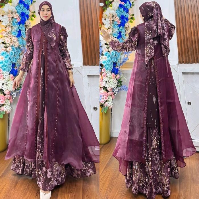 Amalia Zenina Series By Humaira Syari Gamis Ceruty Premium Set Jilbab Segi Empat Dress Mewah Kancing