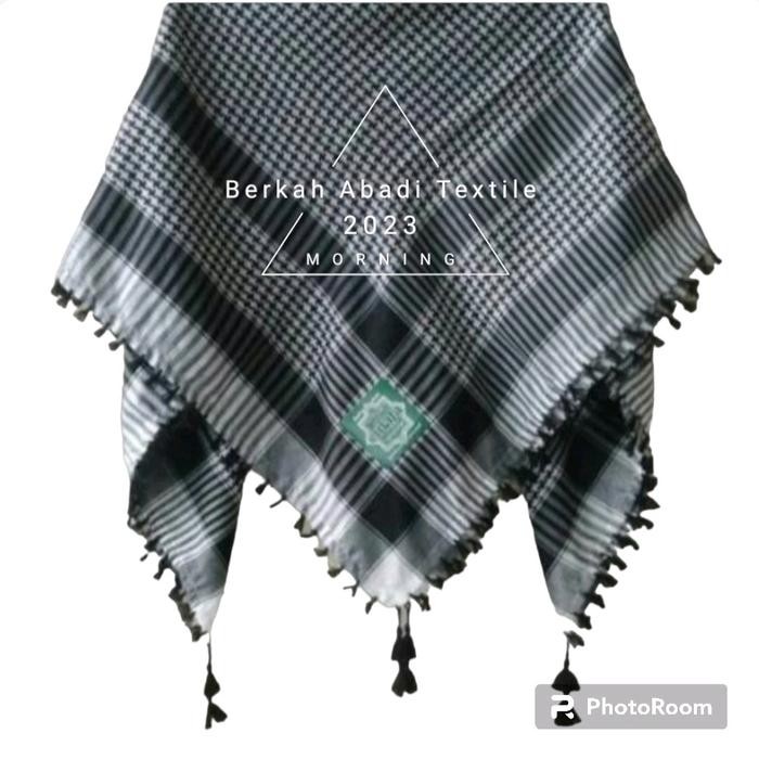 Pilihan- Sorban Kuncir - Surban Palestina Segi Empat Motif Jagung/Kotak Catur Rumbai Syal Putih