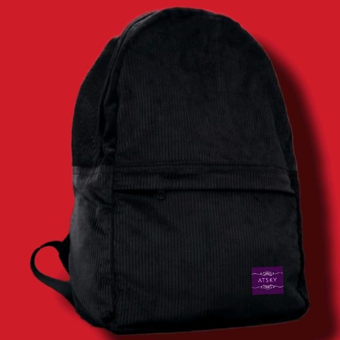 TERMURAH Tas Ransel Laptop Atsky Bahan Kain Corduroy Warna Hitam polos Sekolah kuliah backpack Pria