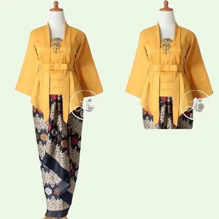 TERMURAH Setelan Kebaya Kutu Baru Bahan Katun Warna Kuning Gaya Feminin Lengan Panjang 7/8 Rok Semi