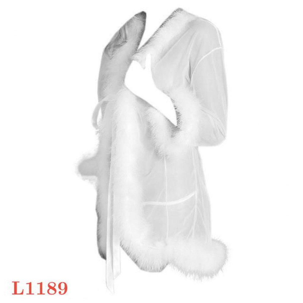 L1189 - Baju Tidur Lingerie Robe Kimono Dress Putih Transparan Lengan Panjang Tepi Bulu