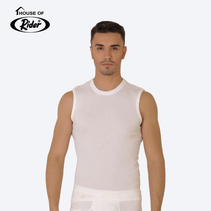 Tanktop Pria Tanpa Lengan Kerah Bulat Berbahan Katun Rib Putih Ukuran S