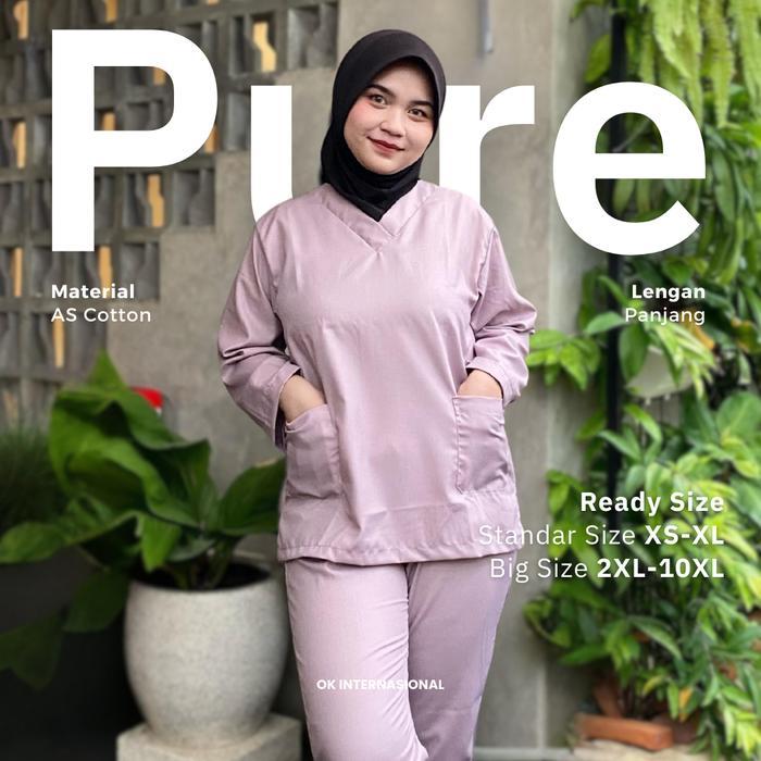 (Pure As Cotton - Lengan Panjang) Setelan Baju Jaga Ok Oka Scrub Medis Nakes Perawat / Dokter -
