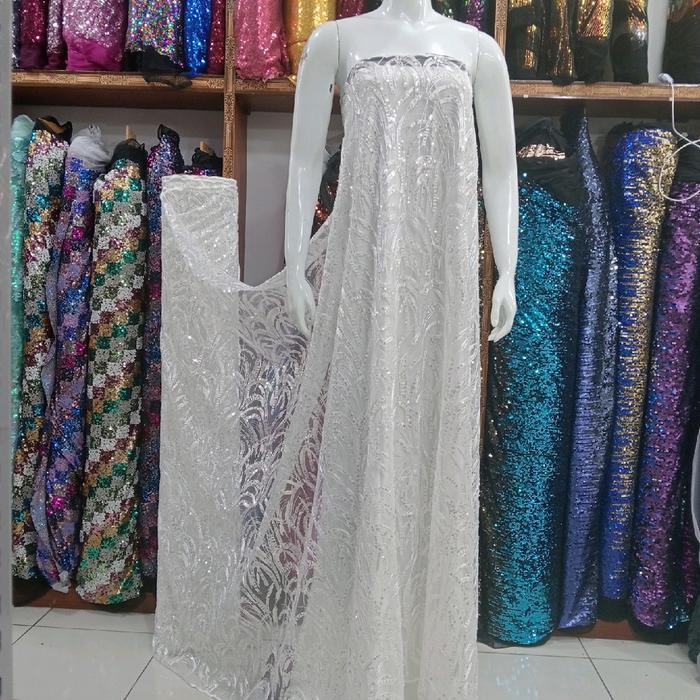bahan/kain tile bordir full payet/kain putih kebaya akad