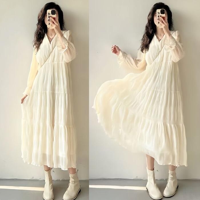 Pilihan- Gaun Wanita Cream Sifon Lengan Panjang Warna Putih Casual Long Dress Home Dress Busui