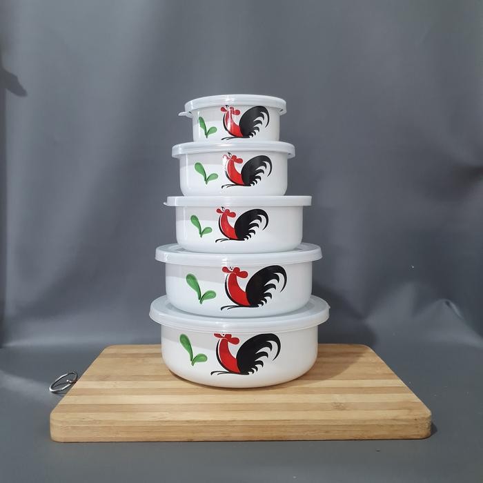 Rantang Susun 5 Enamel Motif Ayam Kukuruyuk Mixing Bowl Set Jadul