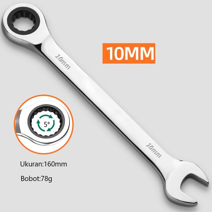 ISKU Kunci Pas Rachet 10mm Multifungsi Kunci Ring Pas Bolak Balik