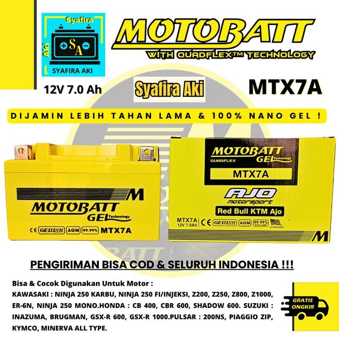 Aki Motor Ninja 250 Karbu, Ninja Mono 250, Z250 Mtx7A Motobatt Gel
