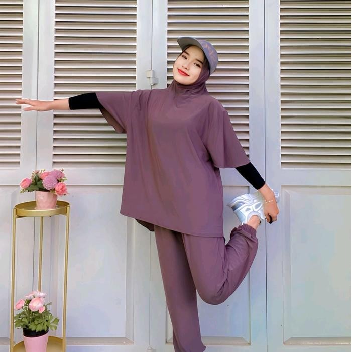 Azkadiena Baju Kaos Setelan Olahraga Neira Wanita Muslimah Polos One Set Jilbab Premium Sporty Baju