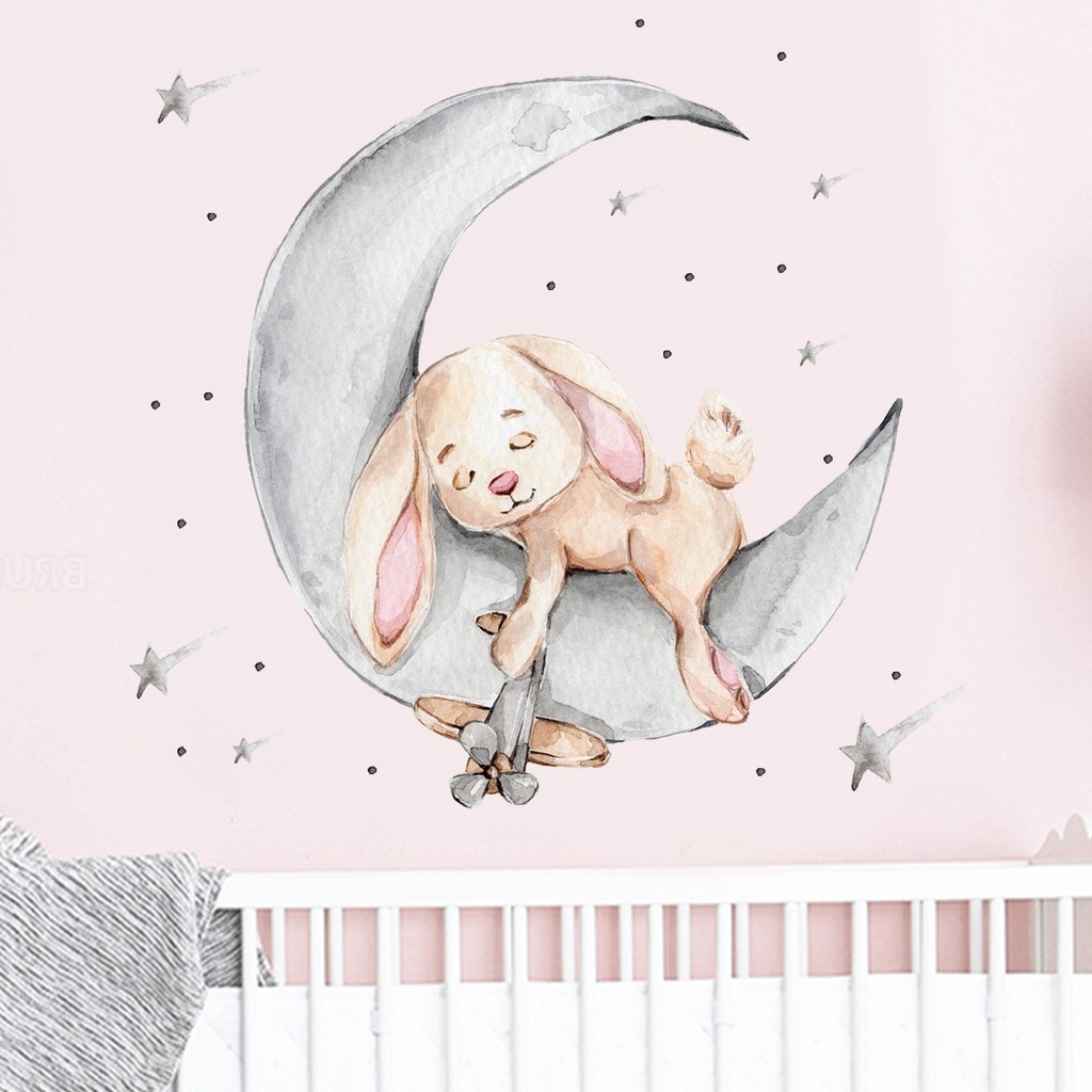 Cartoon Rabbit Sleeping on The Moon and Stars Wall Stickers for Kids Room Baby Room Decoration Wall 