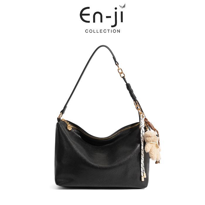 En-ji Nodam Shoulderbag Tas Selempang Wanita Kulit Sintetis Warna Hitam dengan Tali Rantai Simpul da