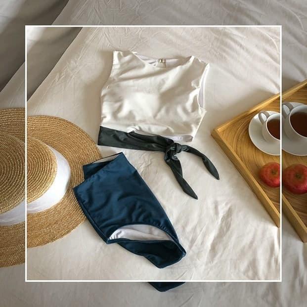 Baru Rachel White Blue Bikini Set 2 Pcs Woman Premium / Korean Swimwear / Beachwear Bali / Baju