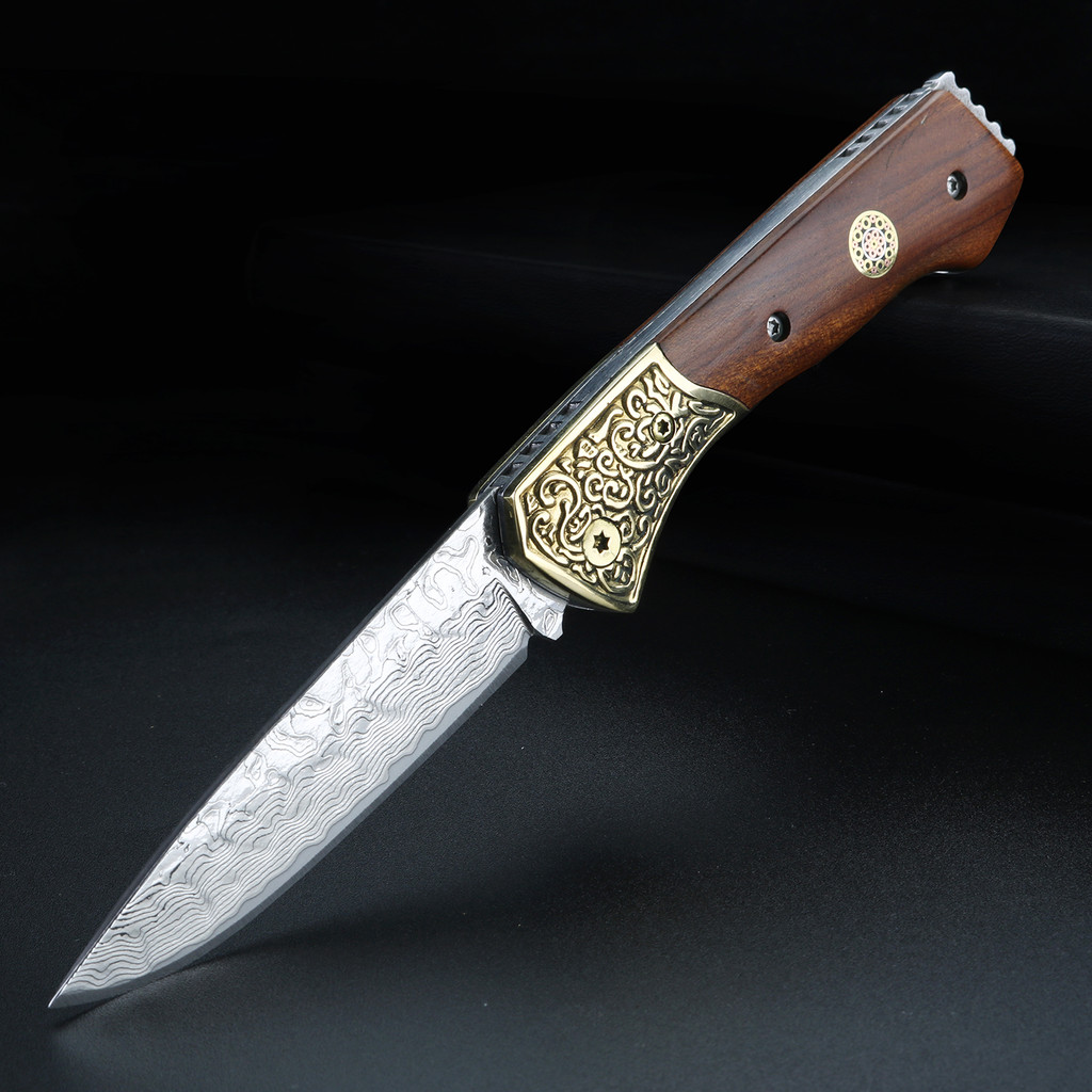 XUANTENG Brass Damascus steel folding knife, high hardness outdoor pocket knife, sharp fruit knife