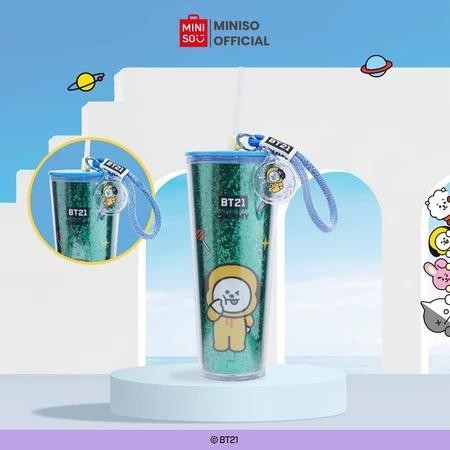 Miniso x BT21 Collection Plastic Tumbler Cangkir Minum Double Wall with Straw & Decoration Straw Cup