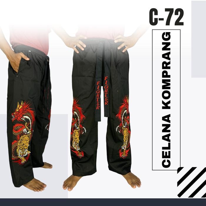 Terlaris Celana Silat Celana Komprang Hitam Bordir Naga C72 Pangsi Big Size