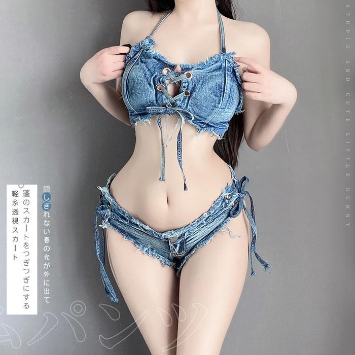 BERKUALITAS iLingerie Baju Sexy hot Set Bikini Denim Leher V Sexy Tali mauseksi bg