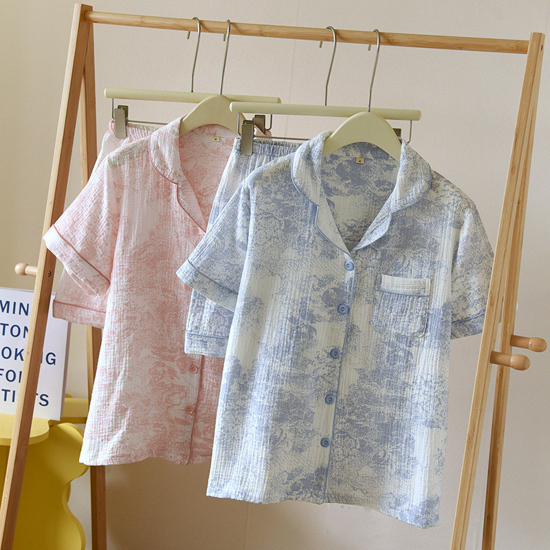 Summer Pajamas For Women Two-Piece Set Sleep Tops And Shorts Sleepwear Suit Pure Cotton Floral Print