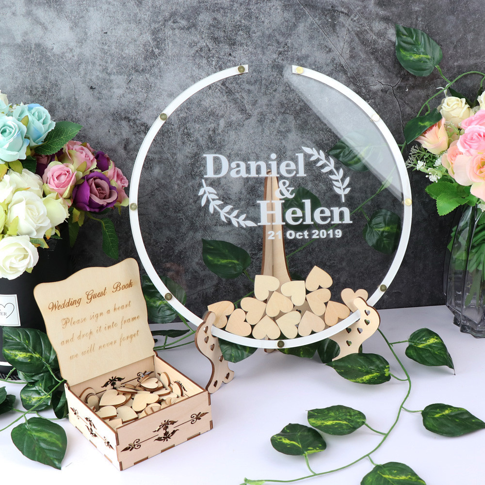 Personalized Acrylic round wedding guest book alternative,Acrylic drop top,Circle wood wedding guest