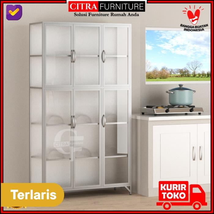 rak piring 3 pintu full kaca lemari sayur