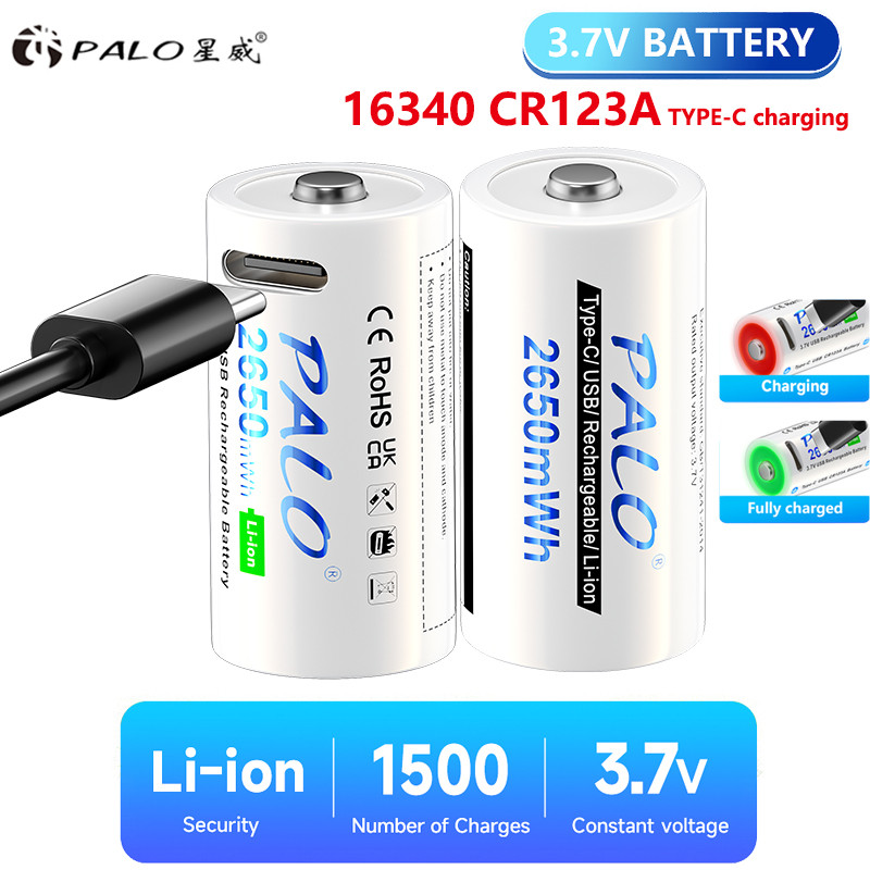PALO 3.7V Type-C CR123A Battery 2650mWh Lithium CR123 RCR123 RCR123A USB Rechargeable Battery for