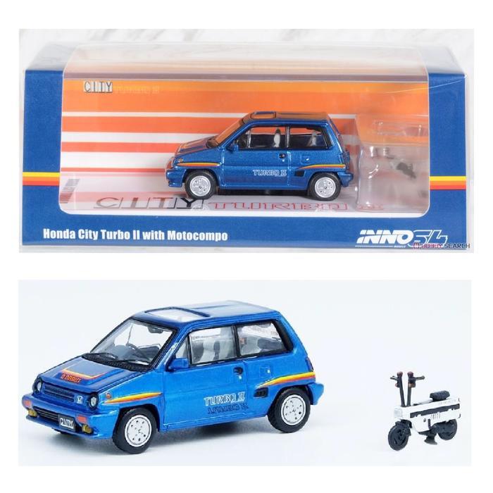 NEW INNO64 HONDA CITY TURBO II BLUE W/ MOTOCOMPO WHITE DIECAST MOBIL INNO