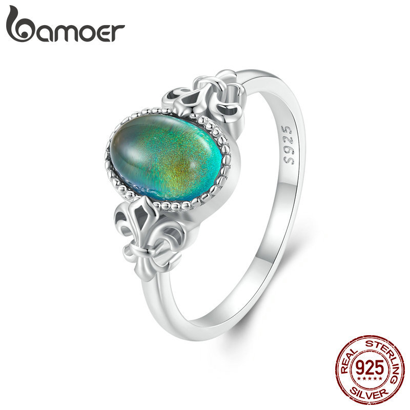 BAMOER Solid 925 Sterling Silver Emotion Ring Oval Stone Color Change Mood Ring Fine Jewelry Gift