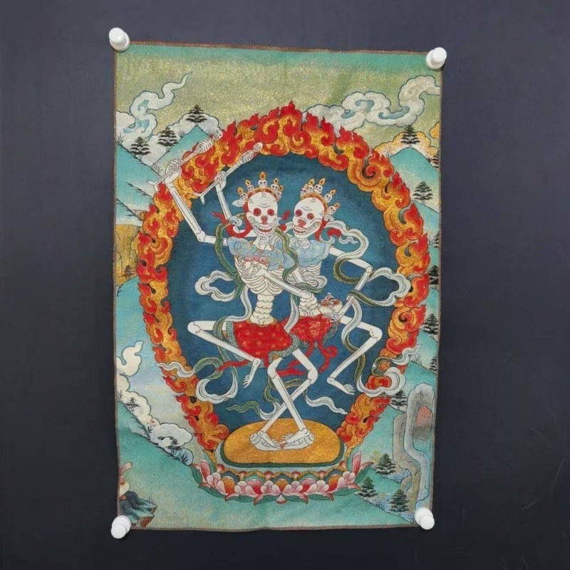 Tangka Embroidery Corpse Tornado Main Statue Citipati Brocade Chinese Home Decoration Hanging