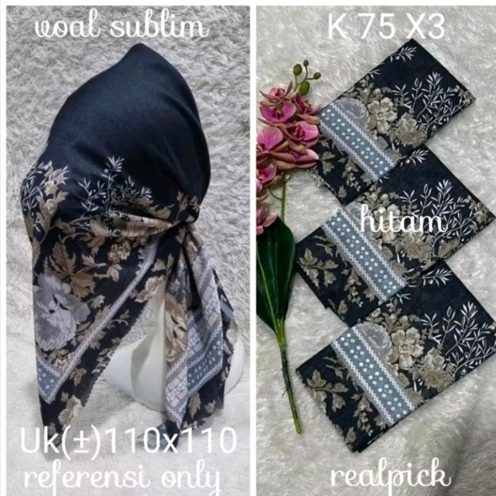 Hijab Segi Empat Voal Motif Bunga Hitam Coksu Putih