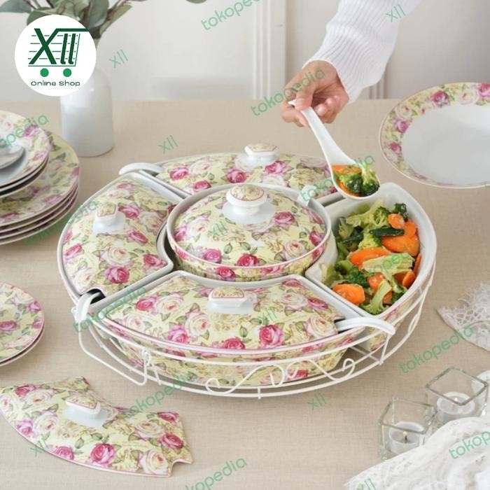 Vicenza Ha~14 Rose Round Roller Bowl Set Wadah Saji Prasmanan 5 Sekat