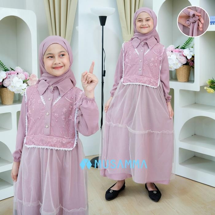 Pilihan- Dress Anak Hana - Gamis Crinkel Premium Mix Brokat Tile Malika Kancing Aktif Dan Wudhu