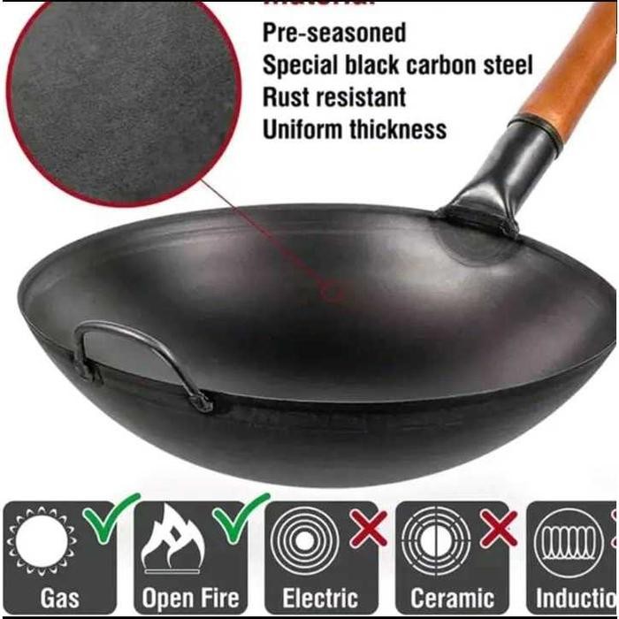 TJ-673 Wajan Baja gagang Seasoning Kuali gagang kayu Nasi Wok