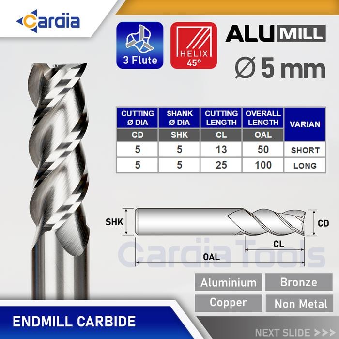 ENDMILL 5 MM LONG 50 100 3 FLUTE ALUMINIUM END MILL CARBIDE