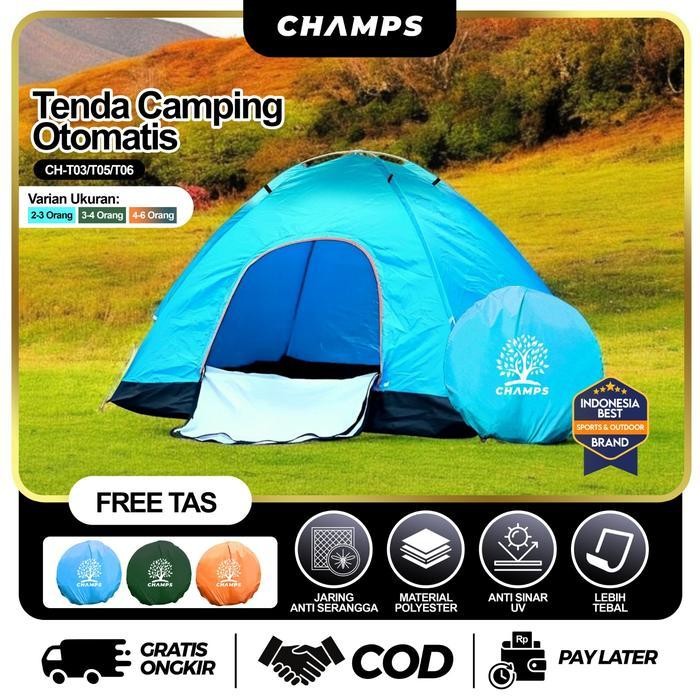 PREMIUM CHAMPS Tenda Camping Kapasitas 3-5 Orang Dengan Alas Tenda Anti Air Hujan Otomatis Outdoor &
