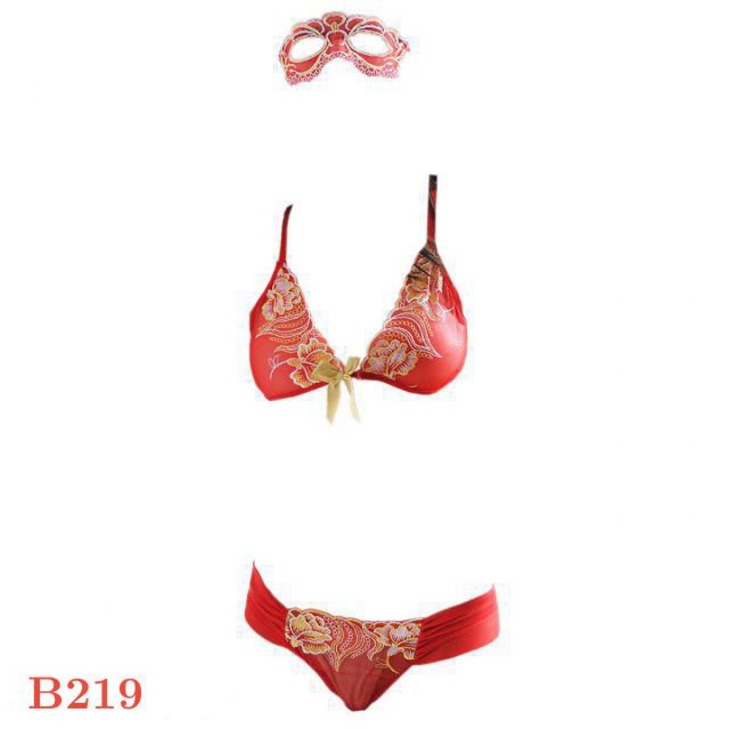 B219 - Bra Set Bralette Merah Transparan Celana Dalam Crotchless Topeng Wajah