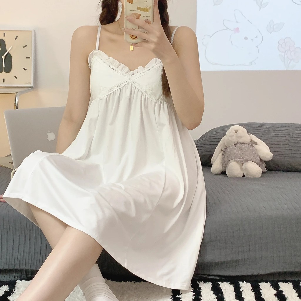 Summer New Style White Cotton Sleep Dress For Women Sweet Dreams Aesthetic Tank Top Chest Pad V-Neck
