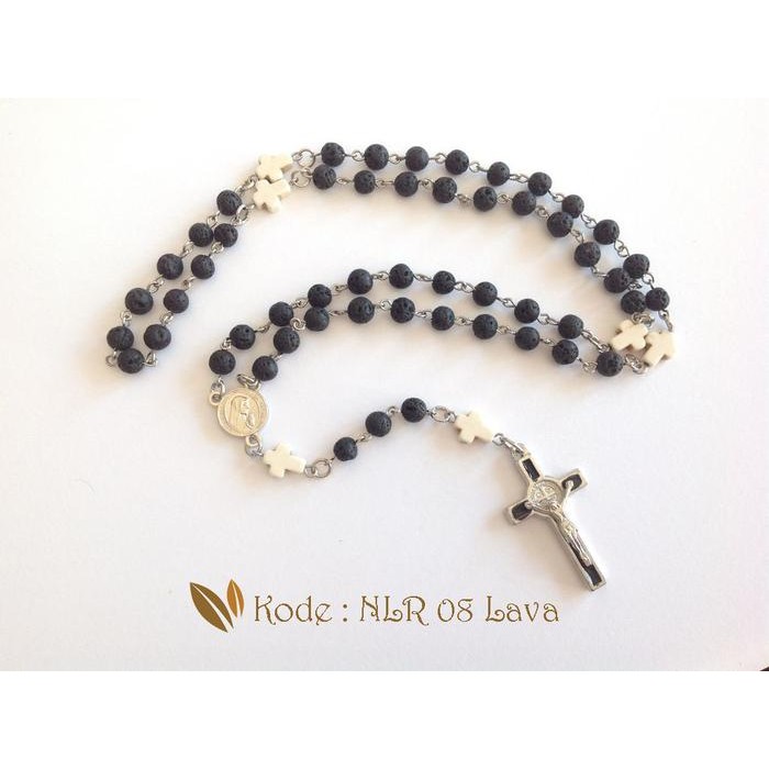 Kalung Rosario Batu Lava 6Mm Salib Putih White Marble Promo 