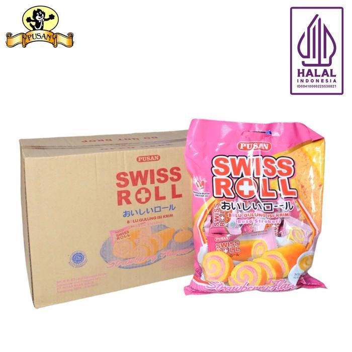 Pusan Swiss Roll Bolu Gulung Isi Krim Rasa Cokelat / Stroberi / Kelapa Pandan 1 Dus Isi 8 Bag